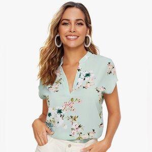 Mint Floral Split-V Neck Short Sleeve Blouse